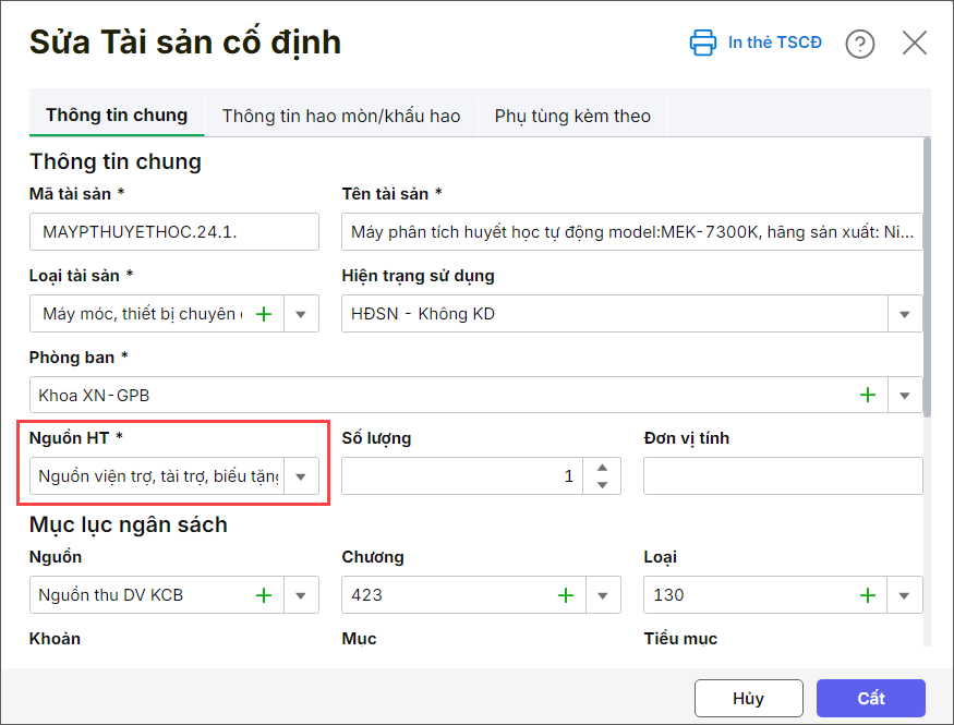 Chọn Nguồn viện trợ, tài trợ, biếu tặng nhỏ lẻ tại ô Nguồn HT khi khai báo TSCĐ